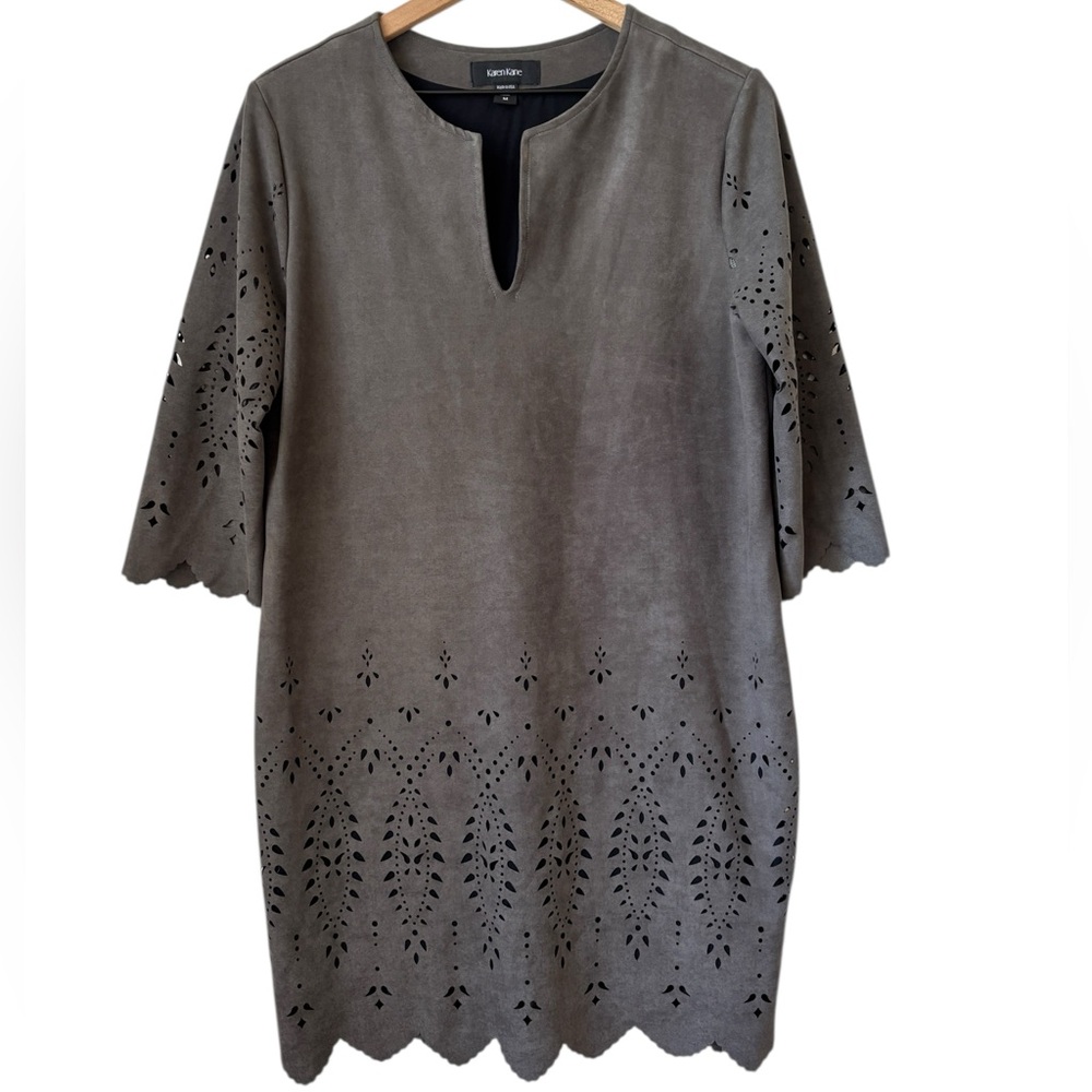 Karen Kane Laser Cut Sheath Dress Green Gray Sz M Suede Look Stretch Office Wear